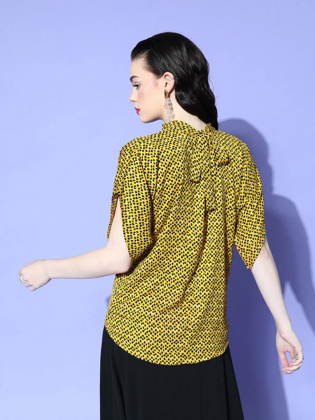 Berrylush Women Yellow & Black Animal Printed High Neck Tie-Up Back Extended Sleeve Regular Top