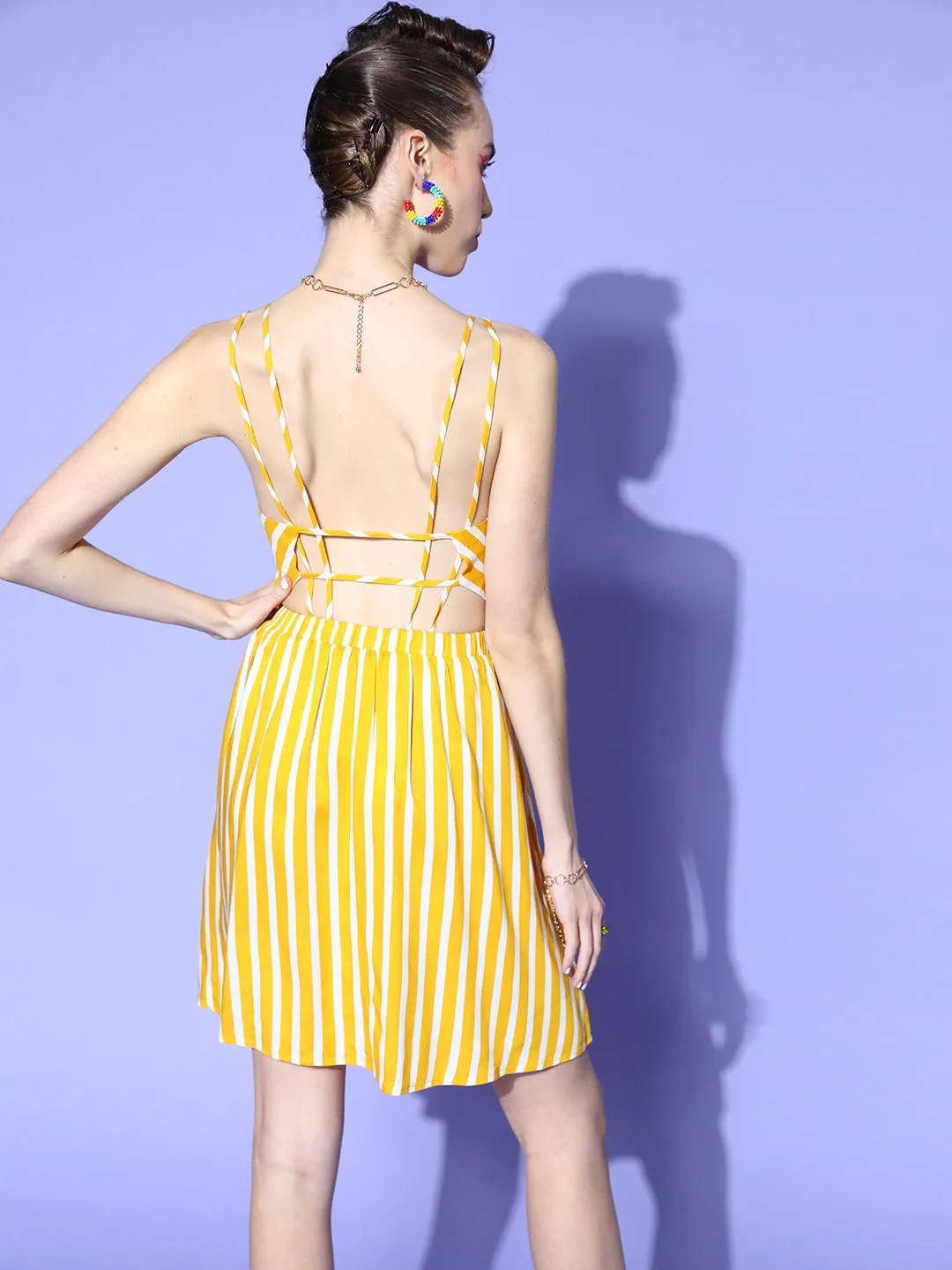 Berrylush Women Yellow & White Stripe Printed V-Neck Open Back Straight Hem A-Line Mini Dress