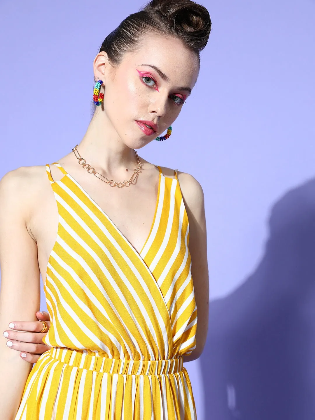 Berrylush Women Yellow & White Stripe Printed V-Neck Open Back Straight Hem A-Line Mini Dress