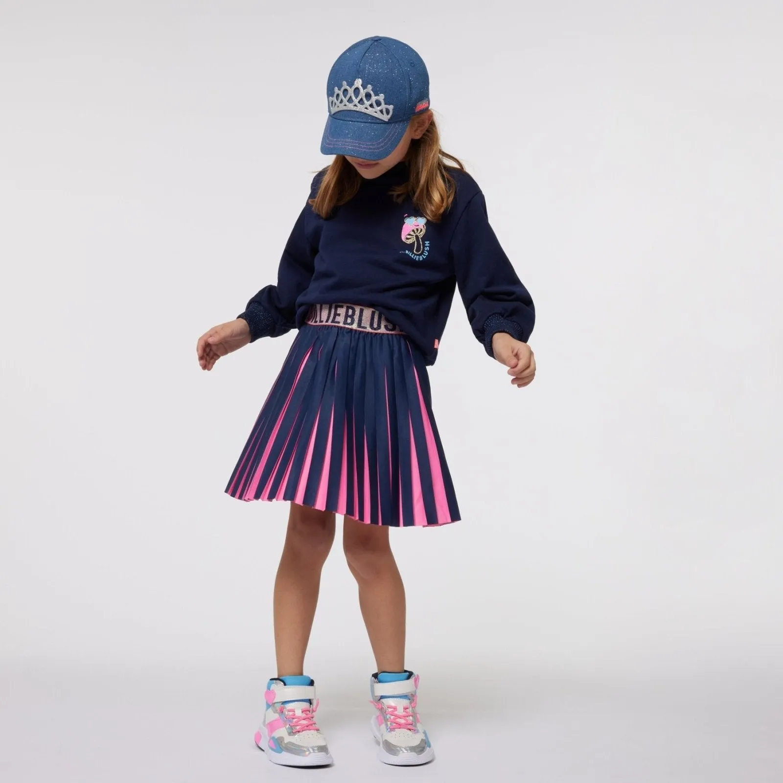 Billieblush Navy and Neon Pink Pleated Skirt