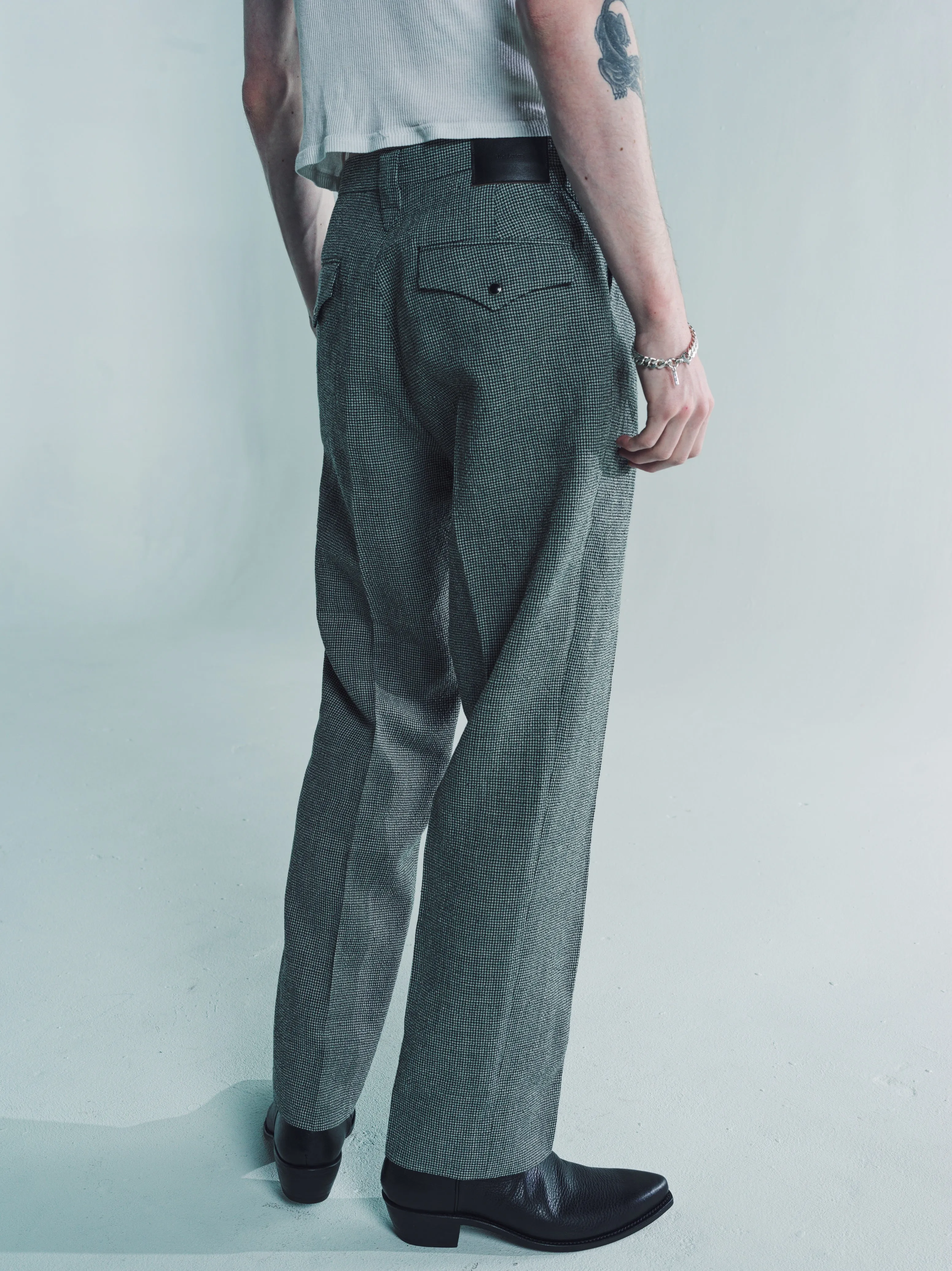 Black & Grey Wool Linen Houndstooth Western Trousers