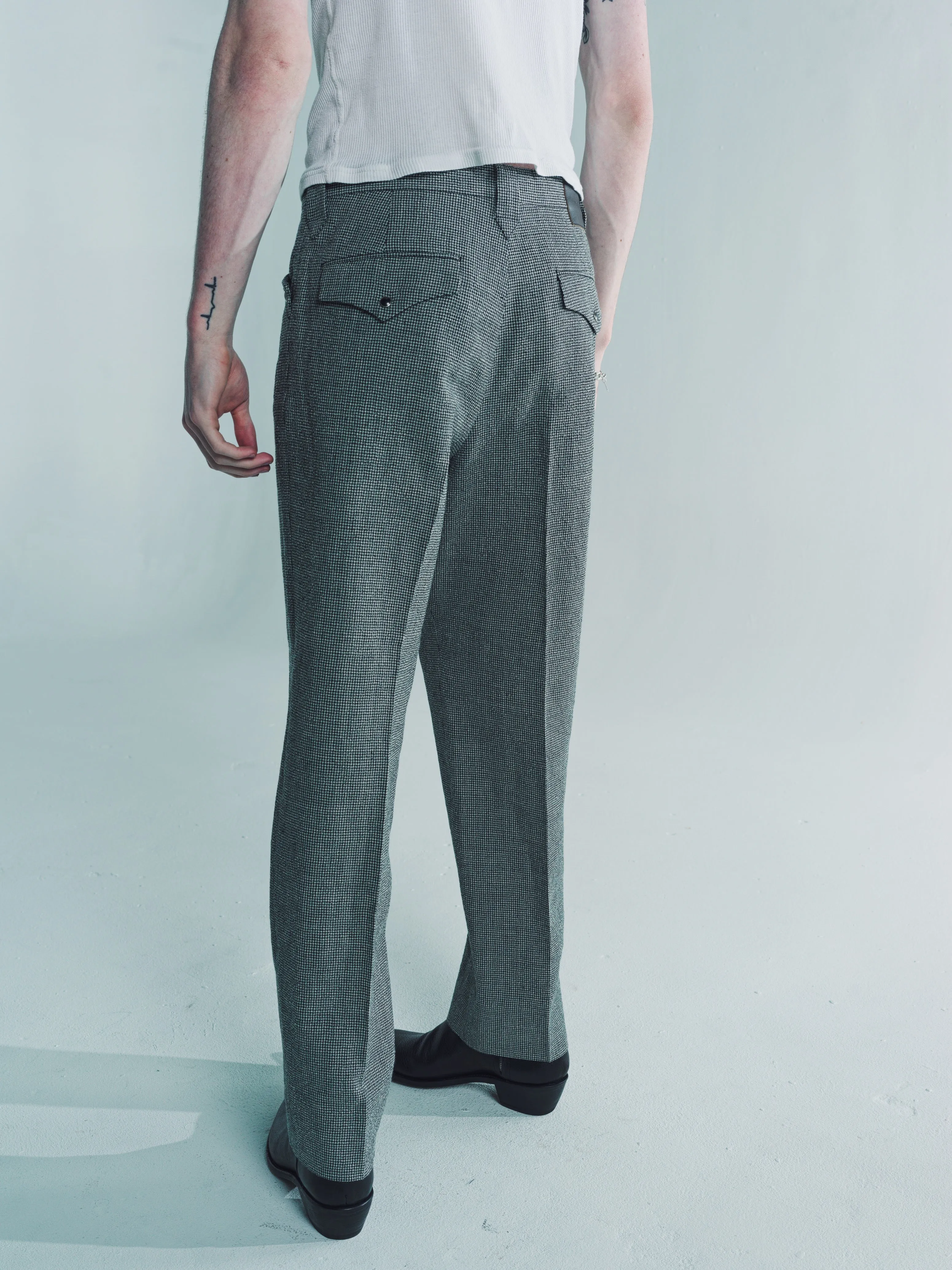 Black & Grey Wool Linen Houndstooth Western Trousers