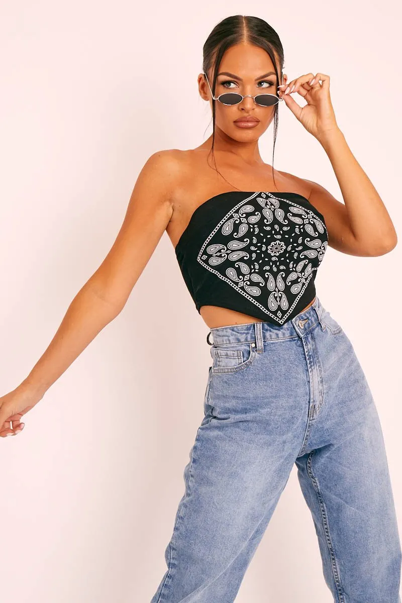 Black Bandana Scarf Print Crop Top - Jacquelin