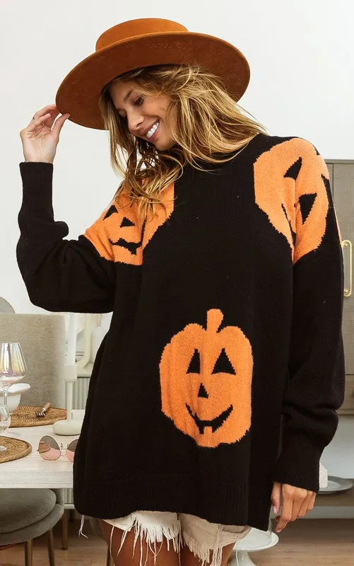 Black Big Pumpkin Embroidered Sweater