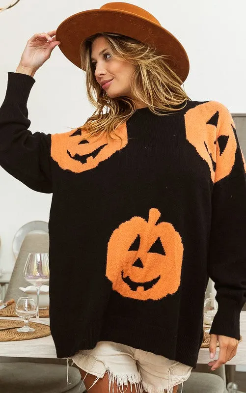 Black Big Pumpkin Embroidered Sweater