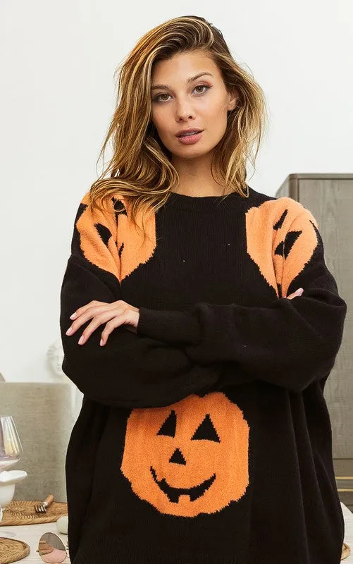 Black Big Pumpkin Embroidered Sweater