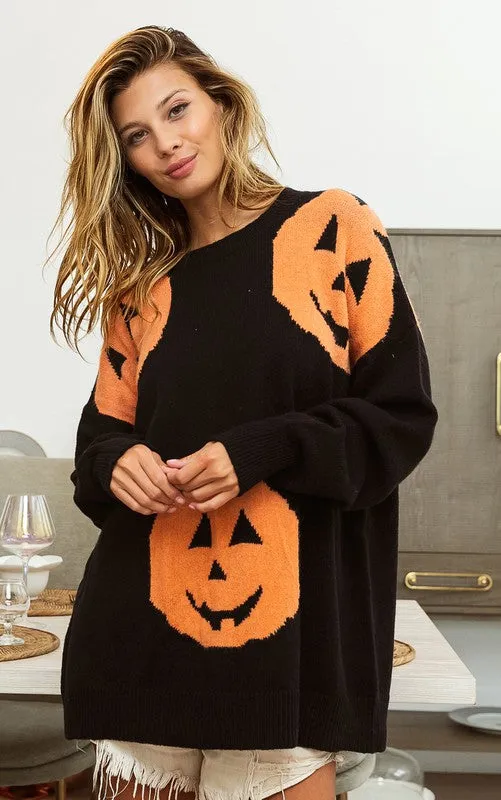 Black Big Pumpkin Embroidered Sweater