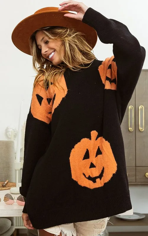 Black Big Pumpkin Embroidered Sweater