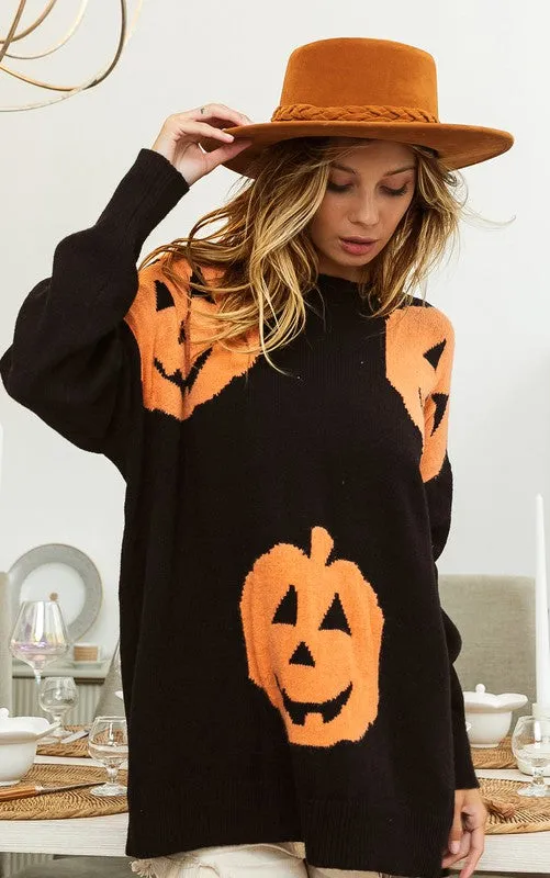 Black Big Pumpkin Embroidered Sweater