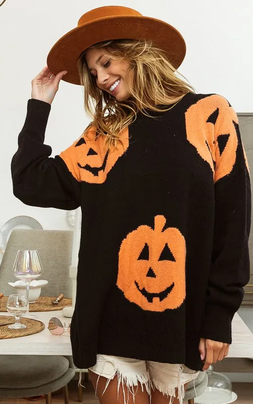 Black Big Pumpkin Embroidered Sweater