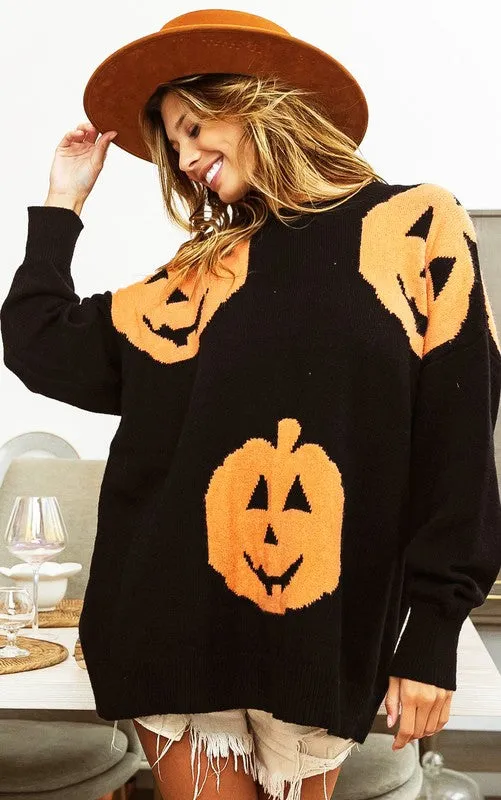 Black Big Pumpkin Embroidered Sweater