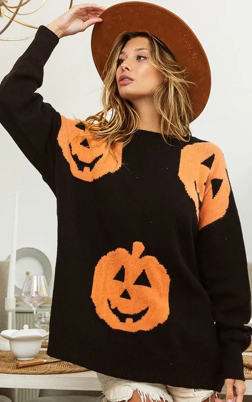 Black Big Pumpkin Embroidered Sweater