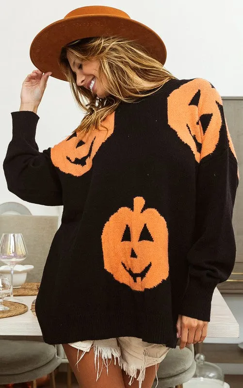 Black Big Pumpkin Embroidered Sweater