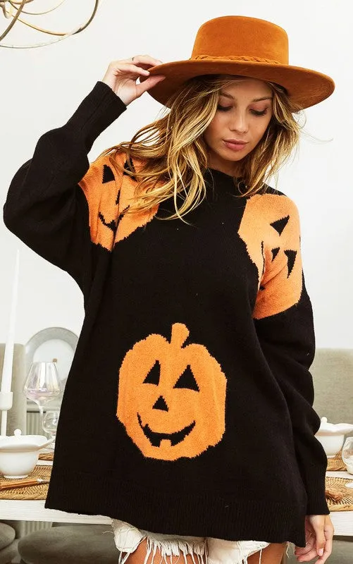 Black Big Pumpkin Embroidered Sweater