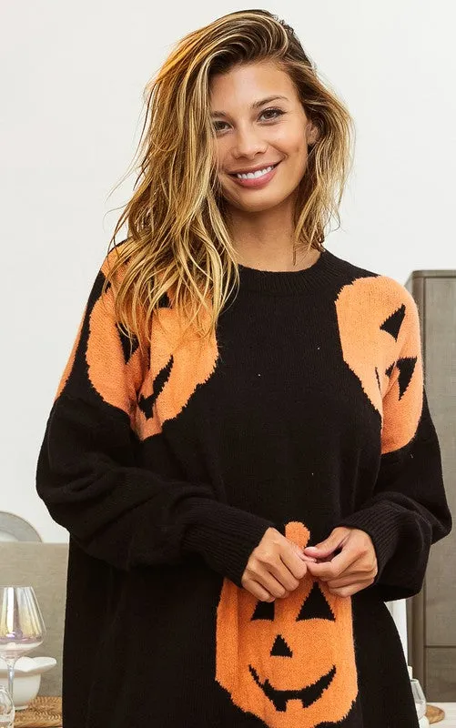 Black Big Pumpkin Embroidered Sweater