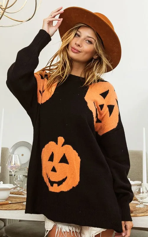 Black Big Pumpkin Embroidered Sweater