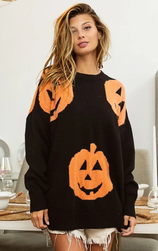 Black Big Pumpkin Embroidered Sweater