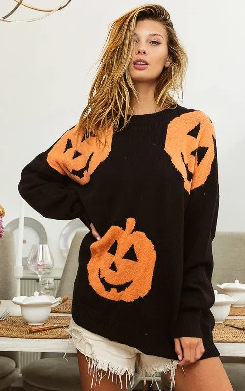 Black Big Pumpkin Embroidered Sweater