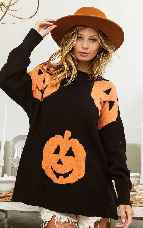 Black Big Pumpkin Embroidered Sweater