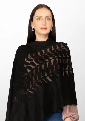 Black Cashmere Scarf with Black Suede Leather Leaf Applique Center Patch