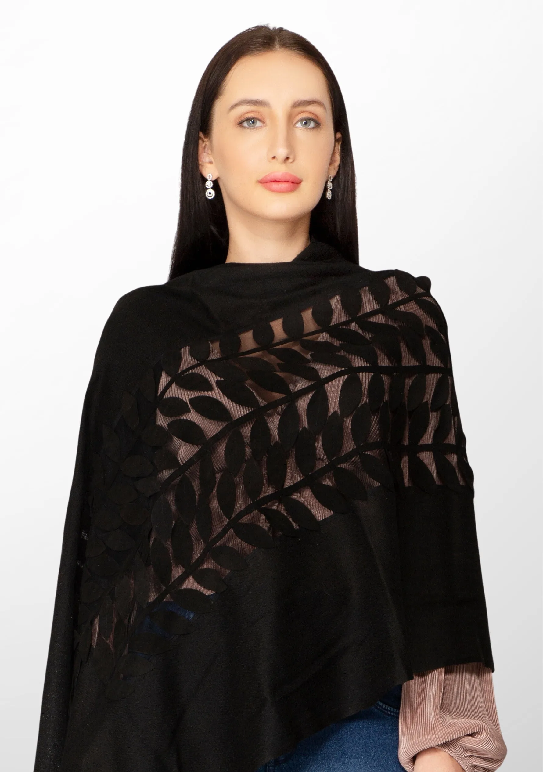 Black Cashmere Scarf with Black Suede Leather Leaf Applique Center Patch