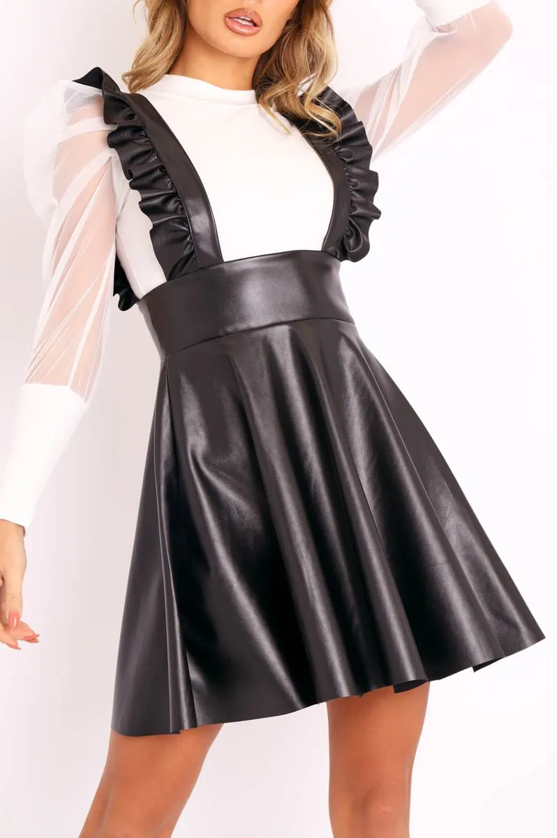 Black Faux Leather Frill Pinafore Dress - Elanna