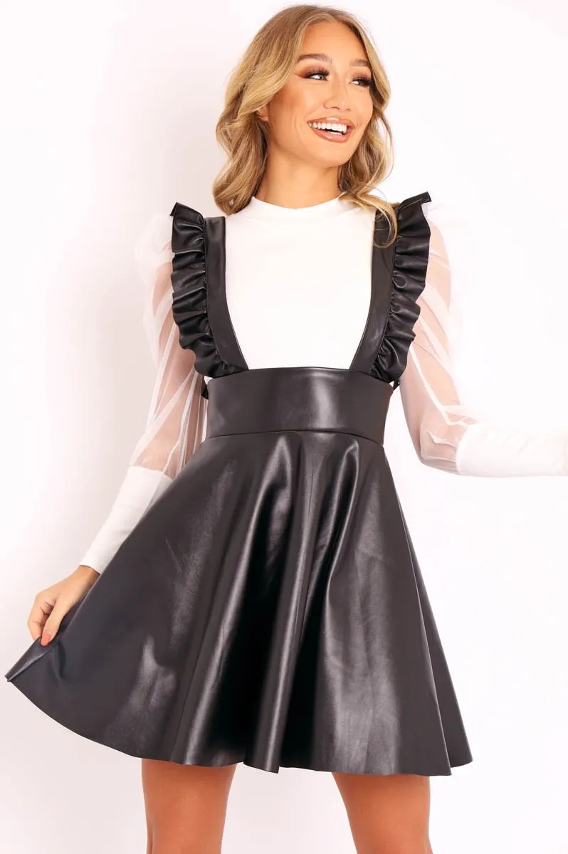 Black Faux Leather Frill Pinafore Dress - Elanna