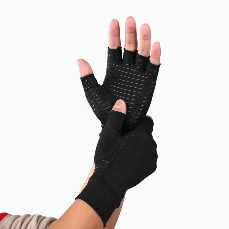 Black Fiber A Pair Sports Breathable Health Care Half Finger Gloves Rehabilitation Training Arthritis Pressure Gloves, Size:L