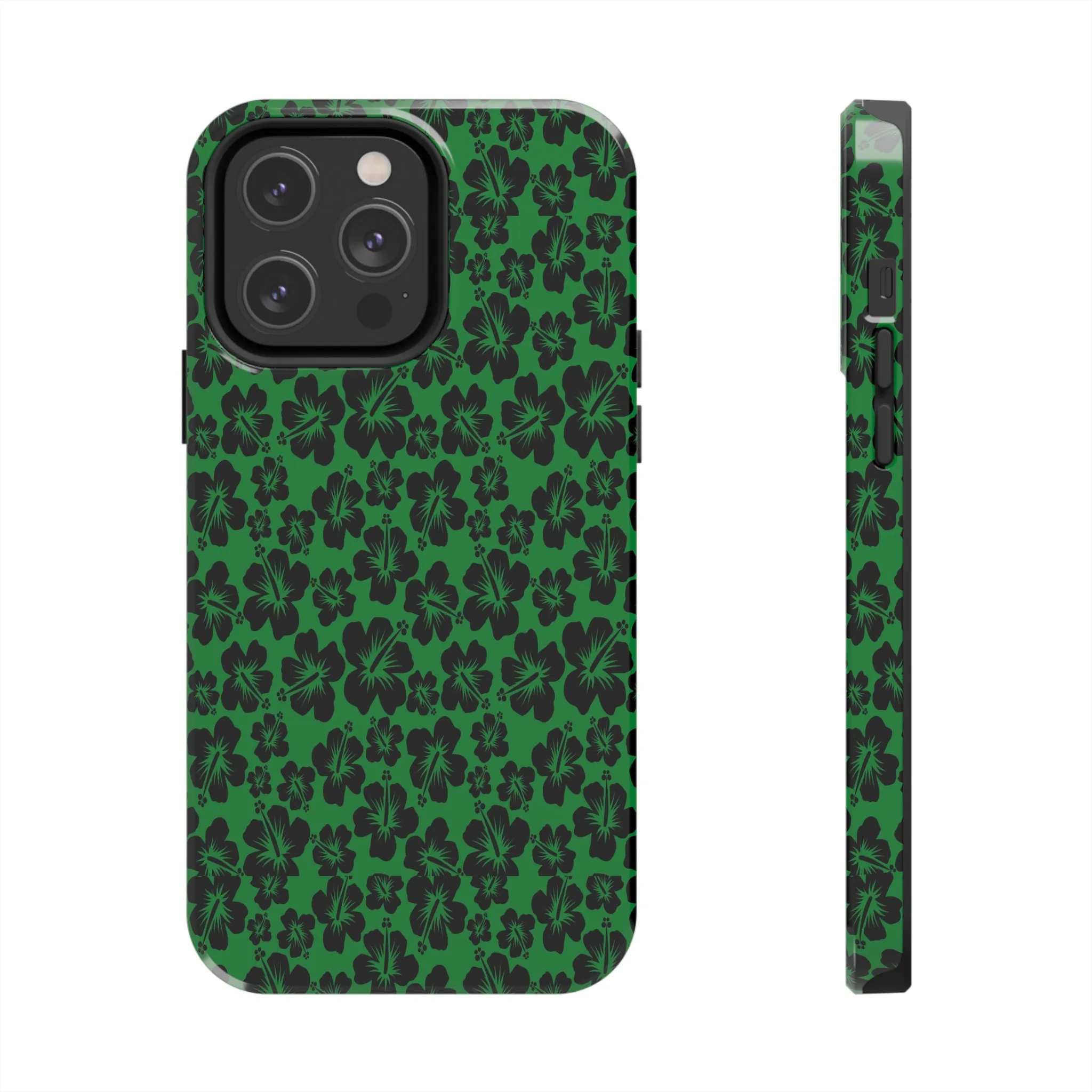 Black Hibiscus on Green iPhone Tough Phone Cases