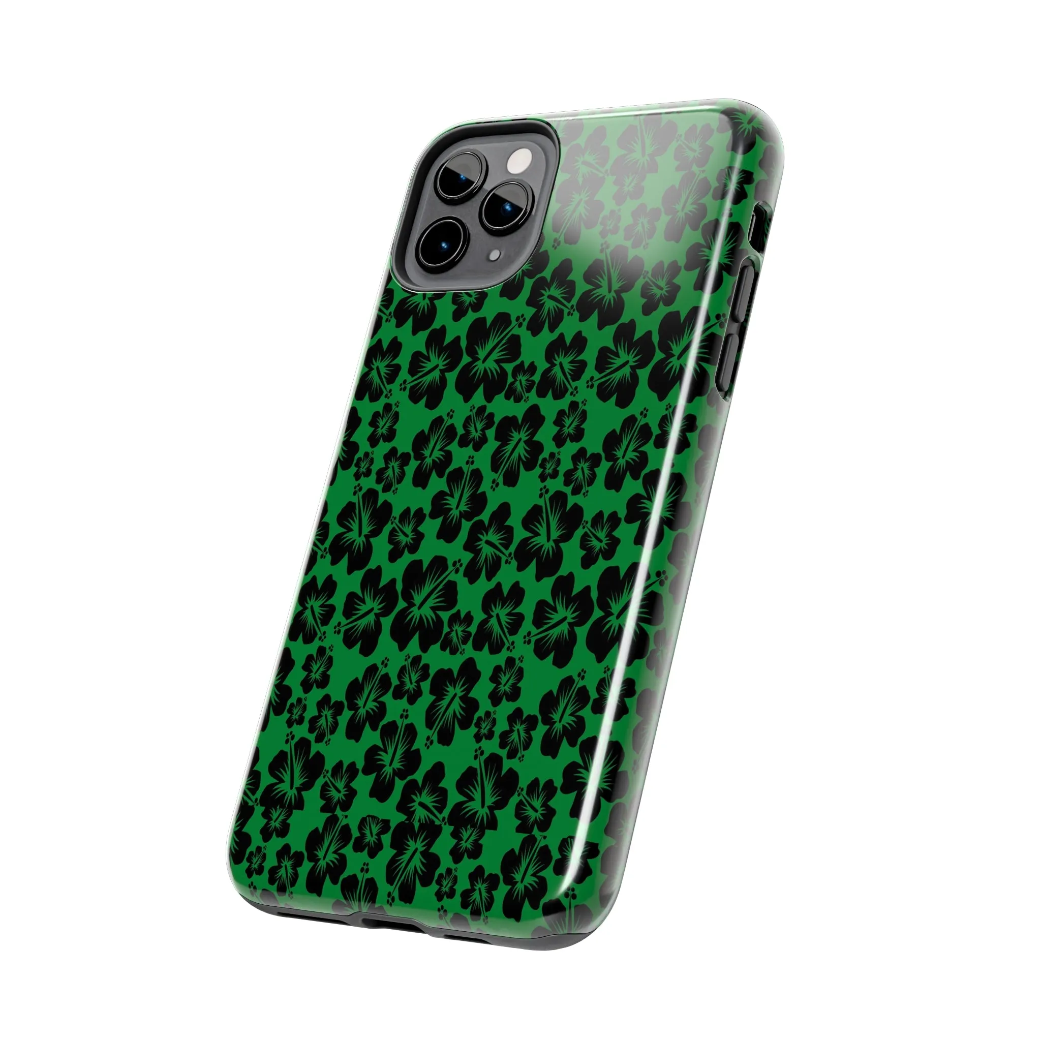 Black Hibiscus on Green iPhone Tough Phone Cases