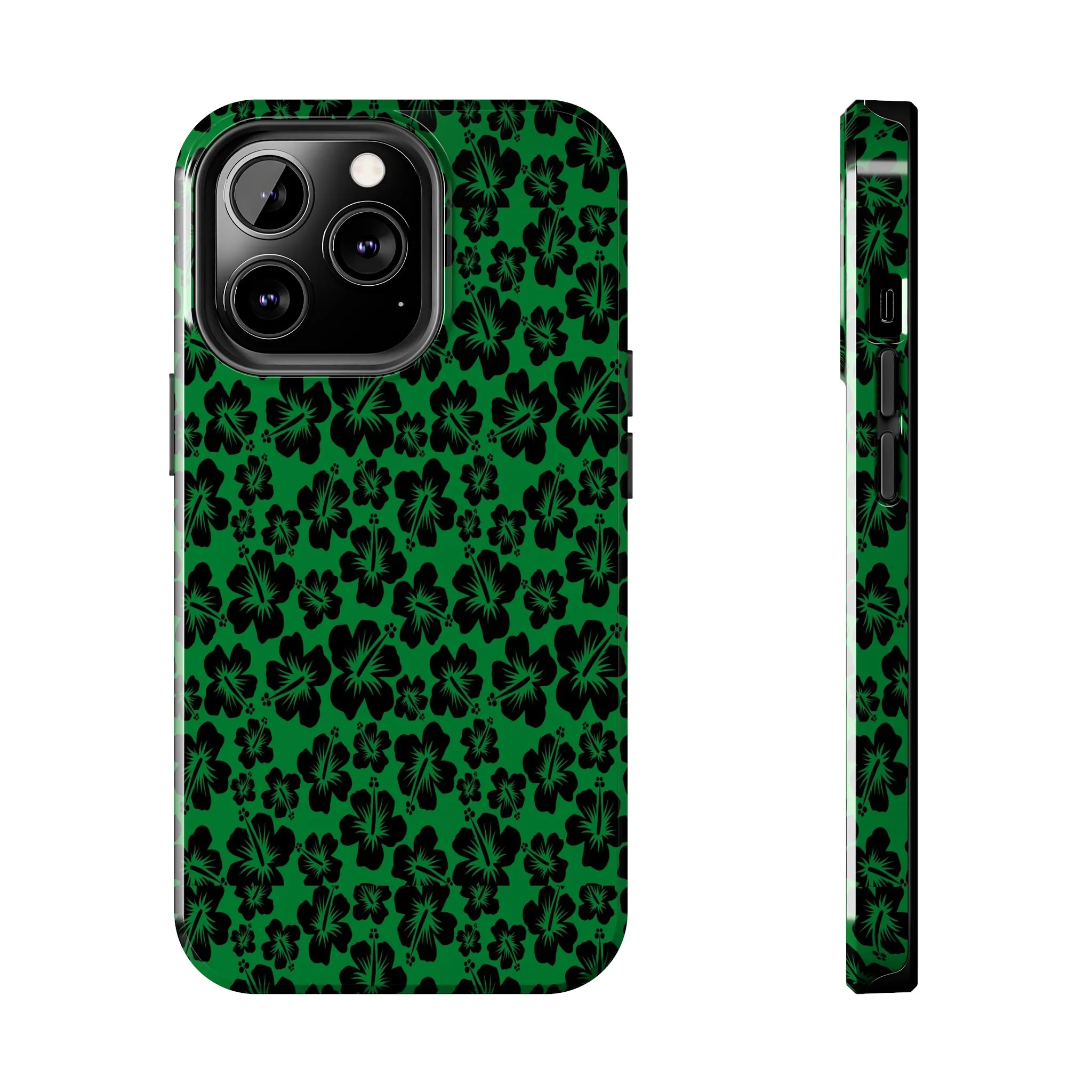 Black Hibiscus on Green iPhone Tough Phone Cases