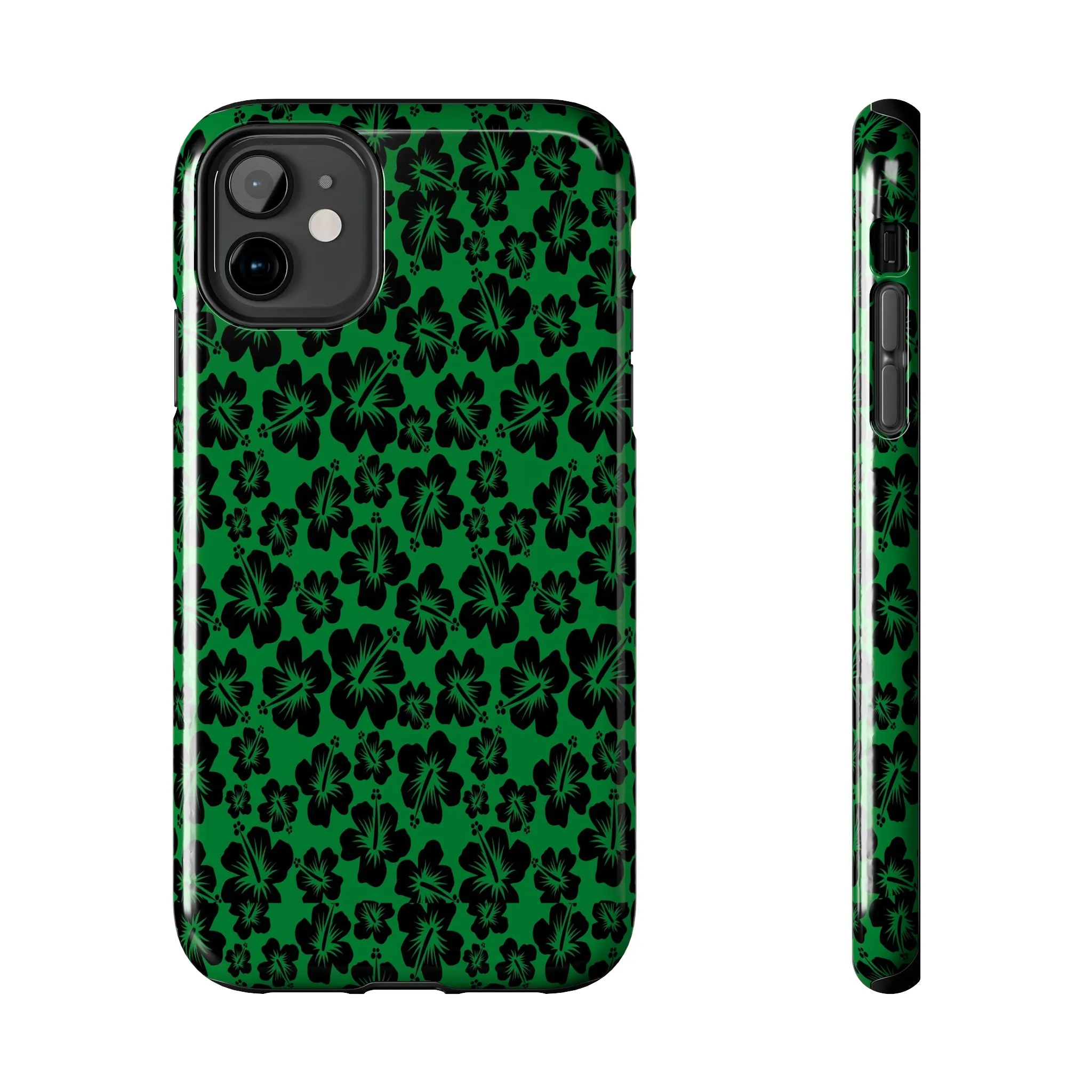 Black Hibiscus on Green iPhone Tough Phone Cases