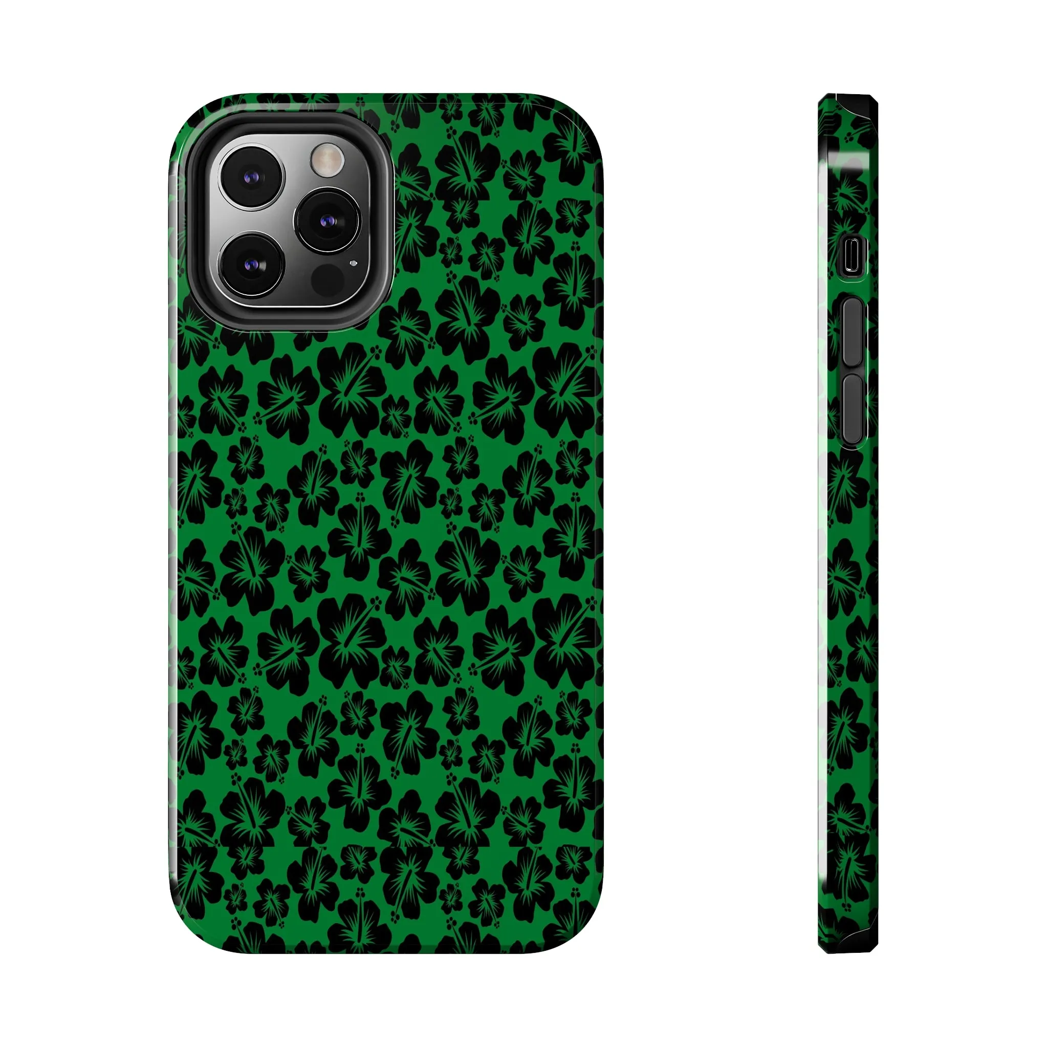 Black Hibiscus on Green iPhone Tough Phone Cases