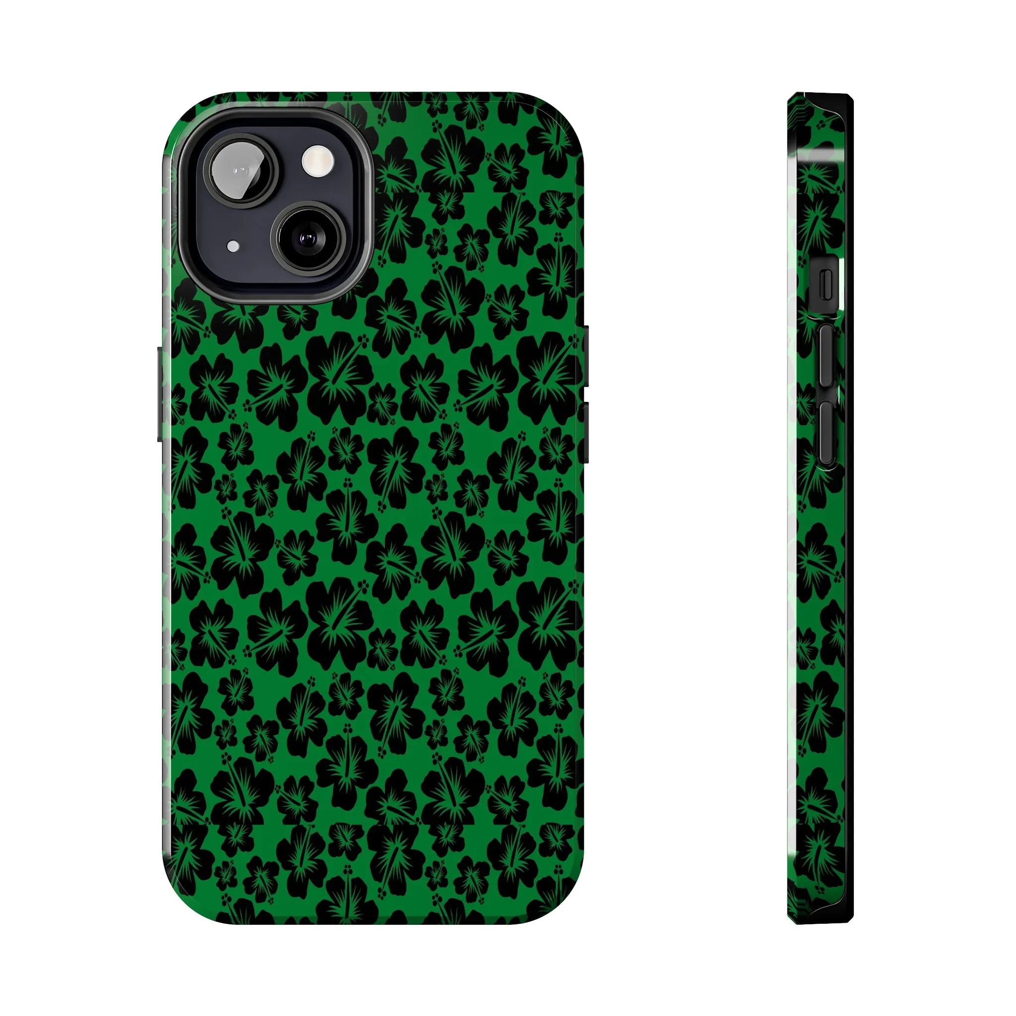 Black Hibiscus on Green iPhone Tough Phone Cases