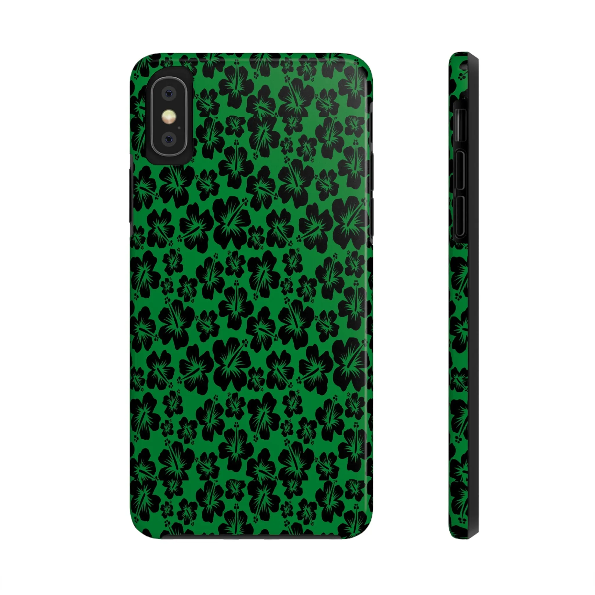 Black Hibiscus on Green iPhone Tough Phone Cases