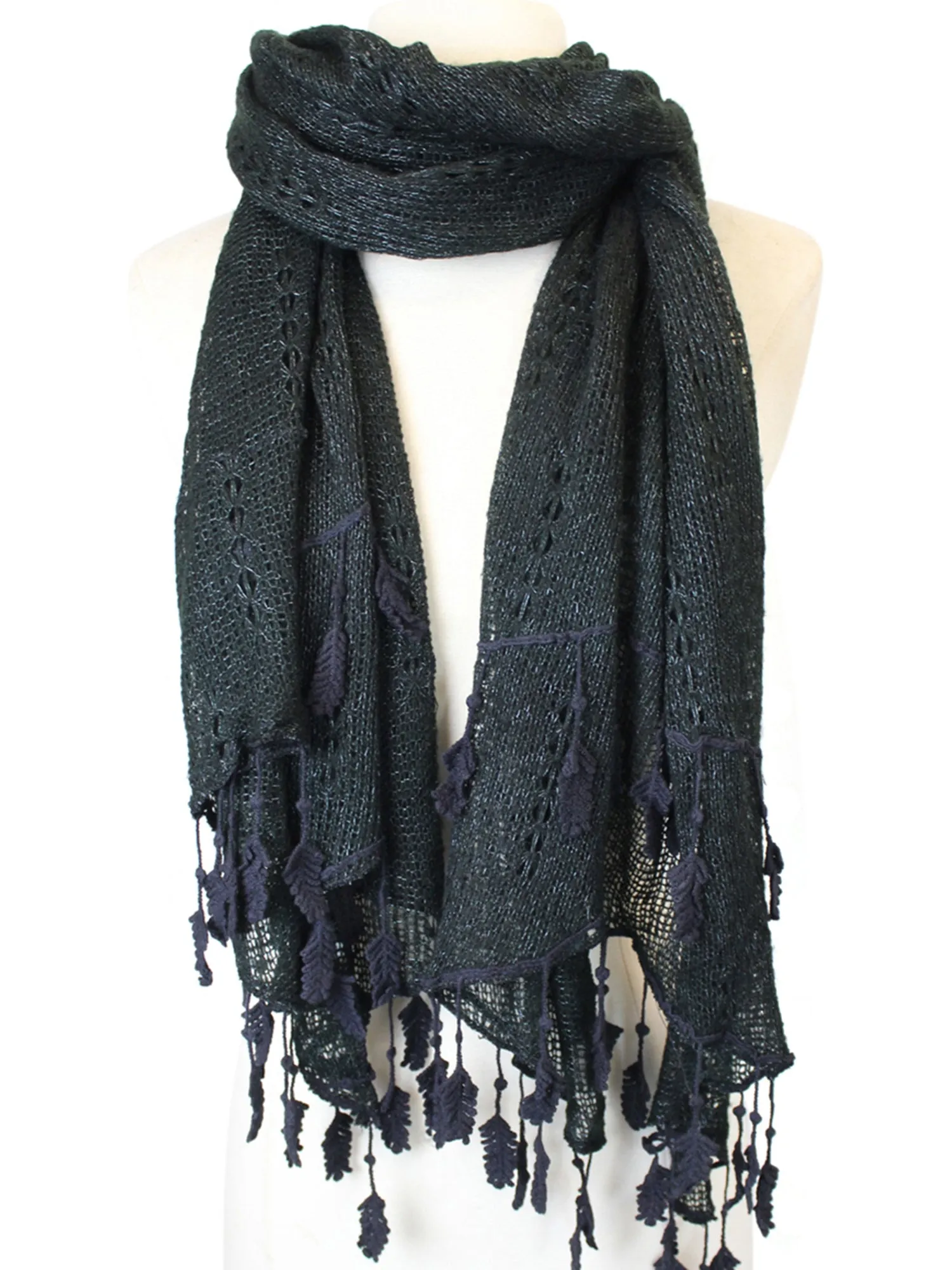 Black Light Knit Wrap With Leaf Fringe