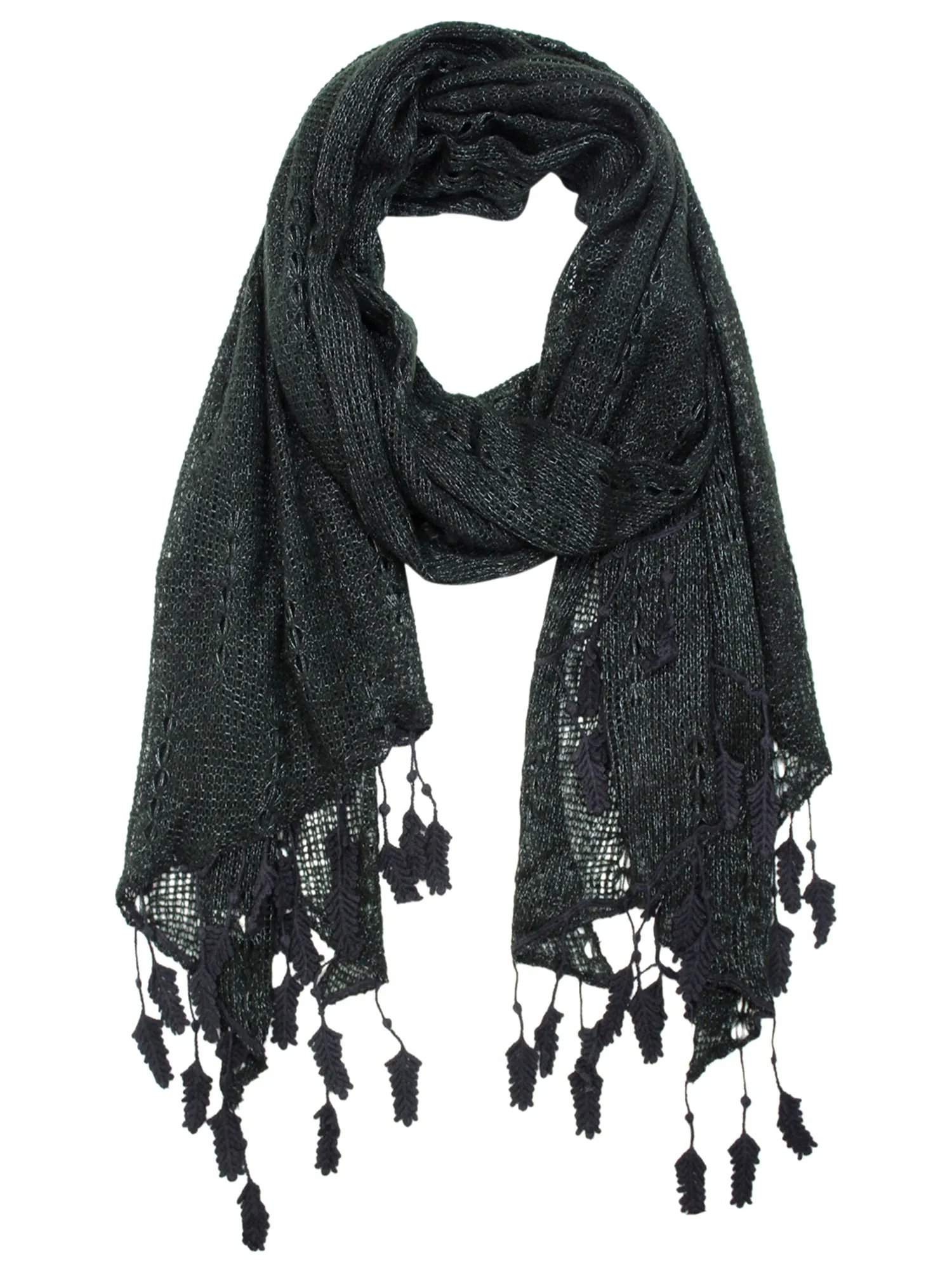 Black Light Knit Wrap With Leaf Fringe