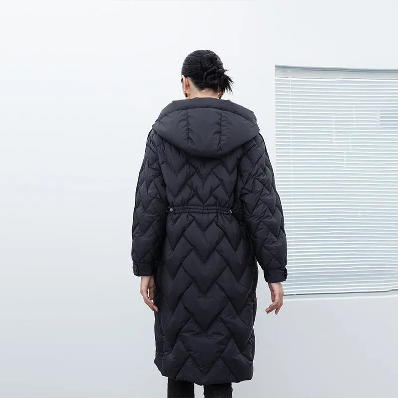 Black Long Gathered Hoodie Puffer Down Jacket