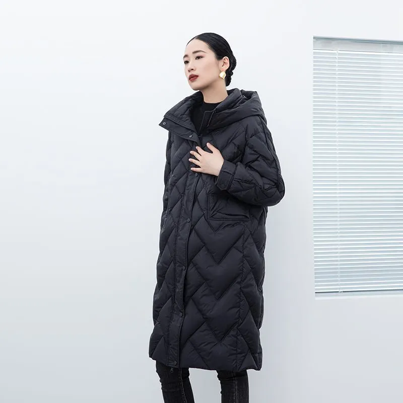 Black Long Gathered Hoodie Puffer Down Jacket