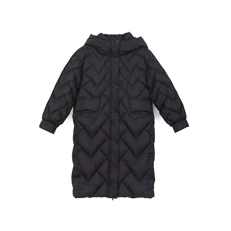 Black Long Gathered Hoodie Puffer Down Jacket