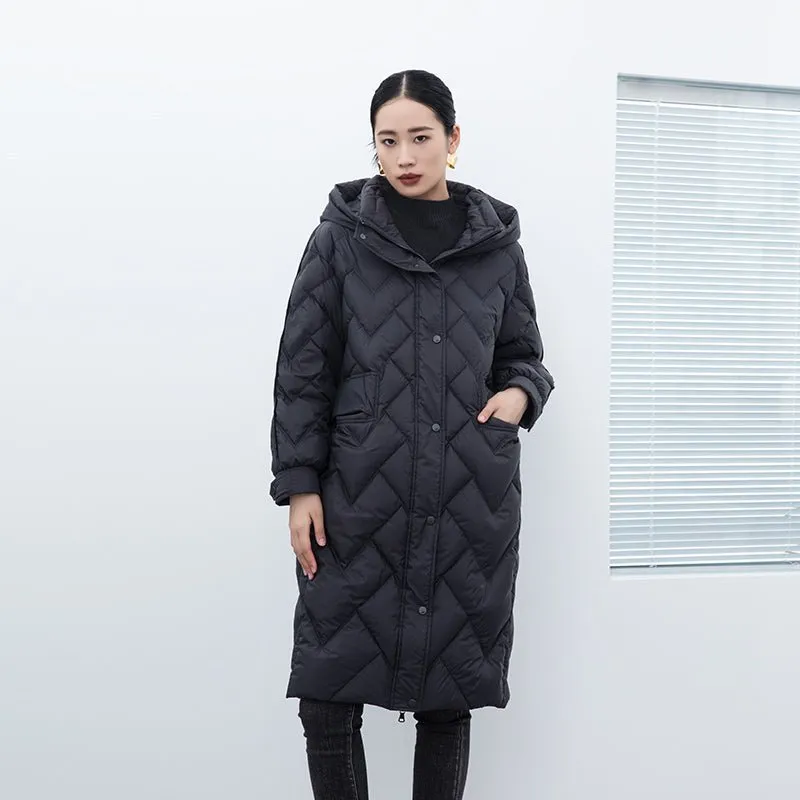 Black Long Gathered Hoodie Puffer Down Jacket