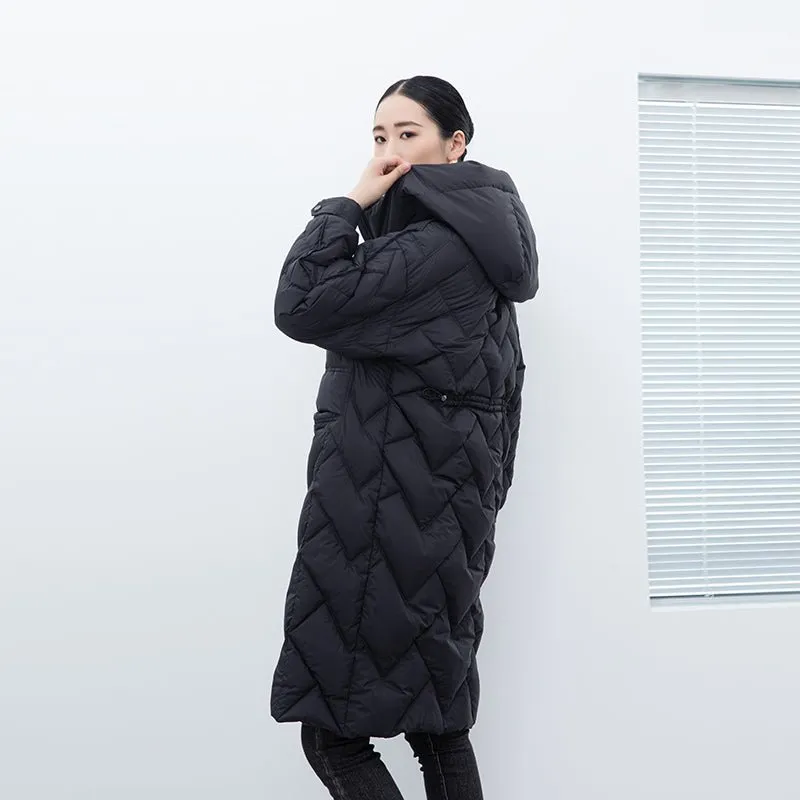 Black Long Gathered Hoodie Puffer Down Jacket