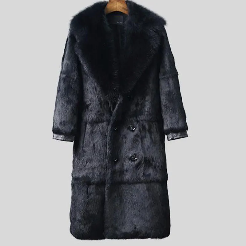 Black Long Natural Rex Rabbit Fur With Fox Fur Thick Collar