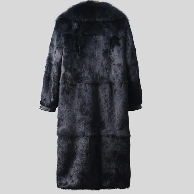 Black Long Natural Rex Rabbit Fur With Fox Fur Thick Collar