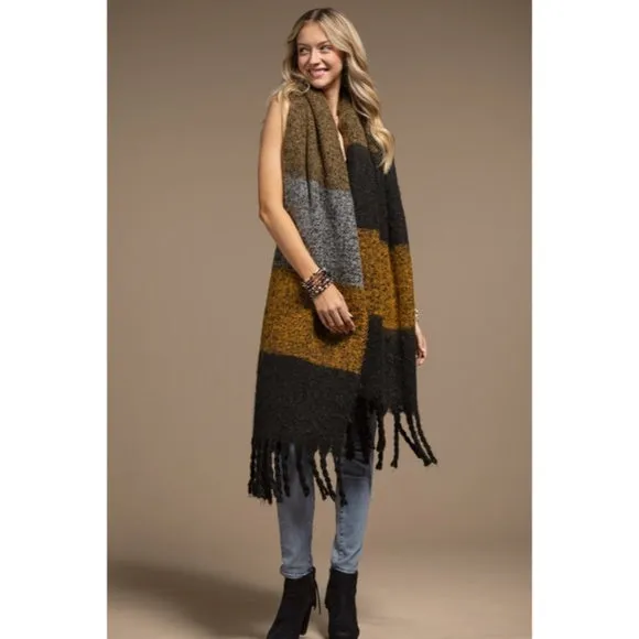 Black Multi Plush Wide Stripe Oblong Scarf Winter Women's Casual Knit Extra Long