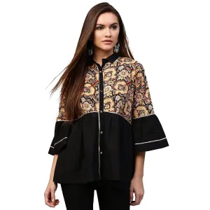 Black Printed 3/4Th Sleeve Cotton Flared Tunic