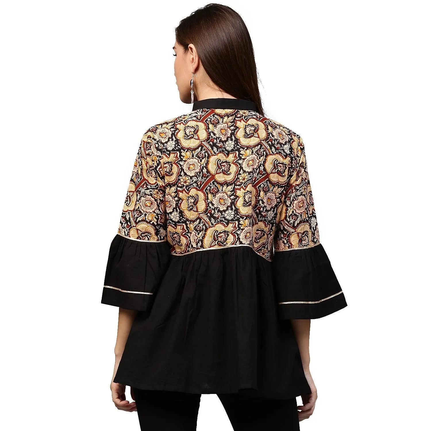 Black Printed 3/4Th Sleeve Cotton Flared Tunic