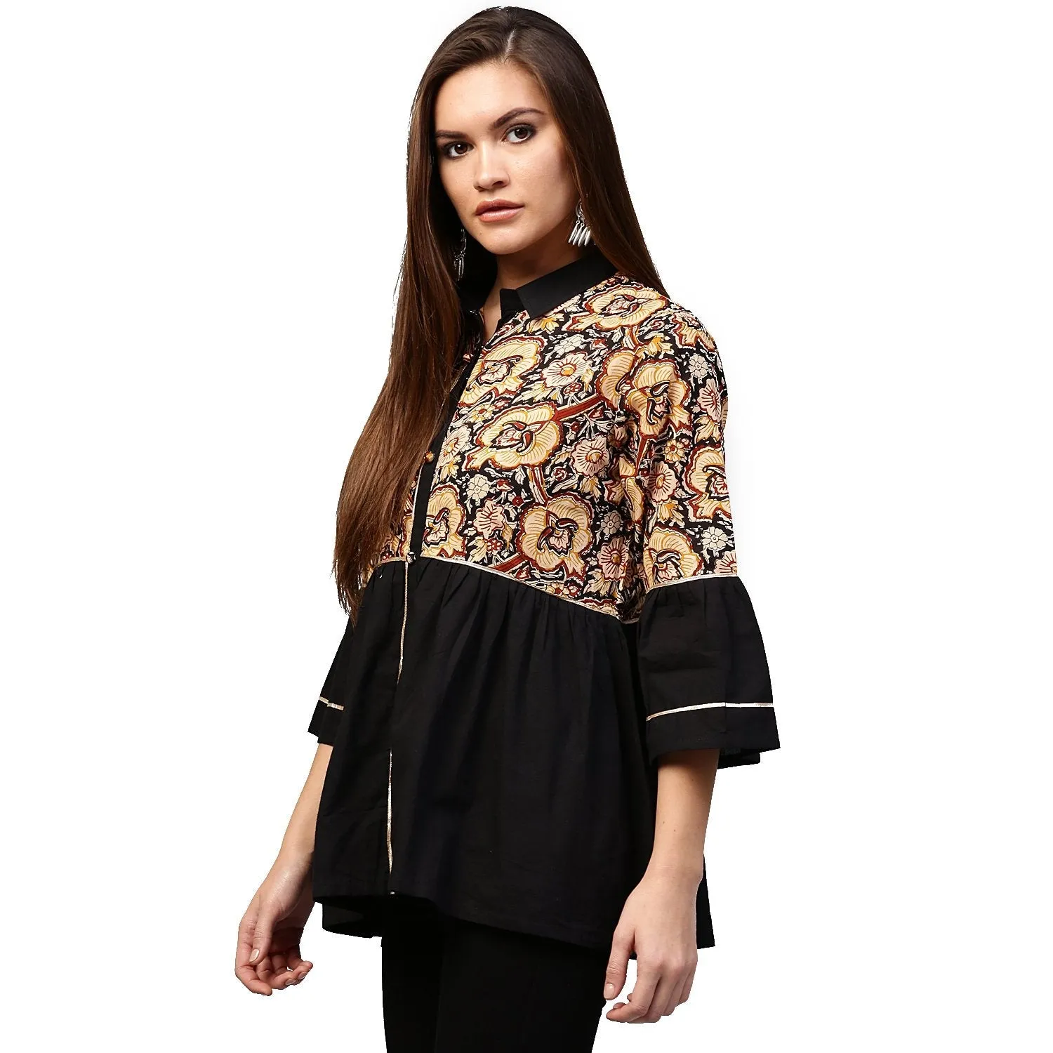 Black Printed 3/4Th Sleeve Cotton Flared Tunic