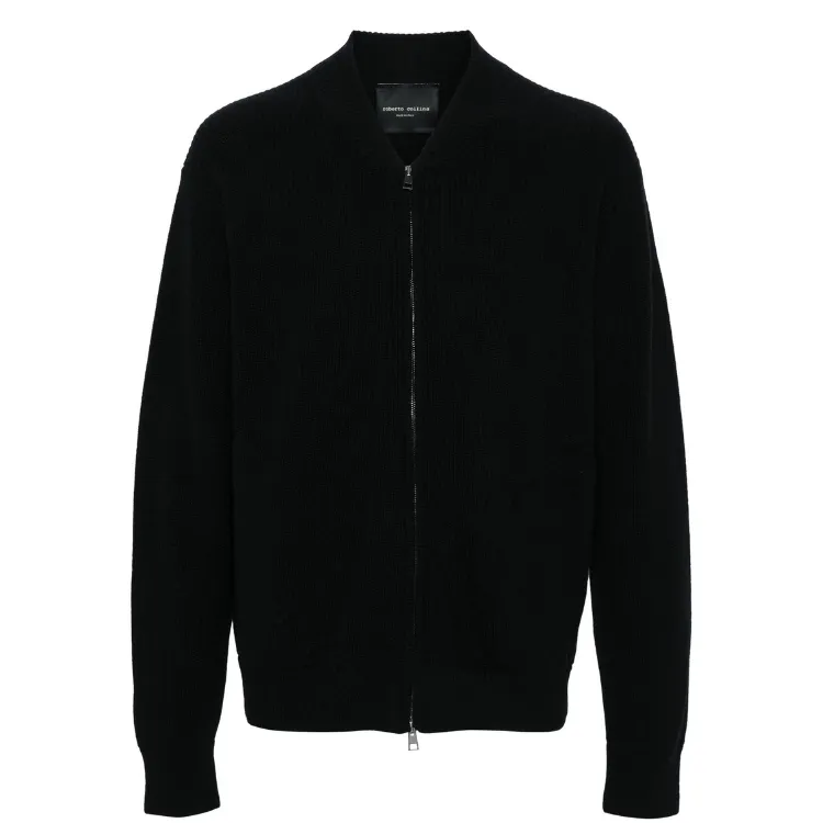 Black Ribbed Knit Wool Zip Bomber