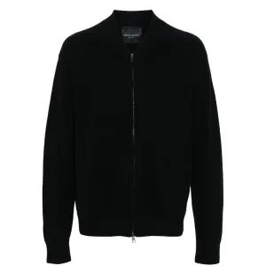 Black Ribbed Knit Wool Zip Bomber